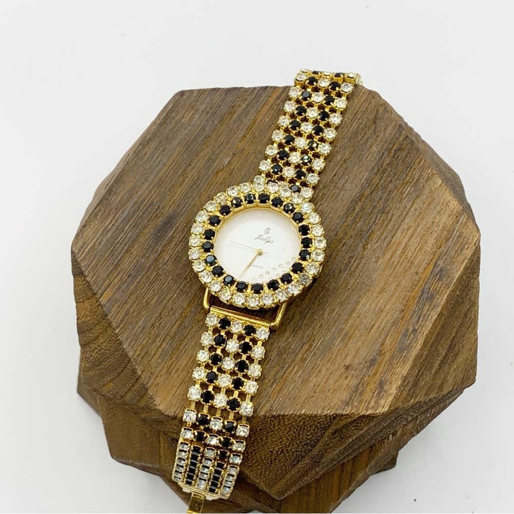 Jalga Quartz watch with black and clear prong set sparkling rhinestone 7”